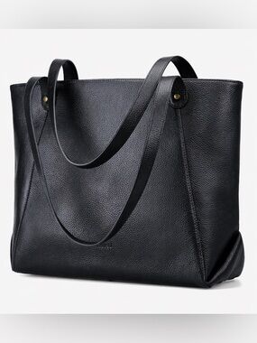 Classic Black Leather Tote with notebook compartment.